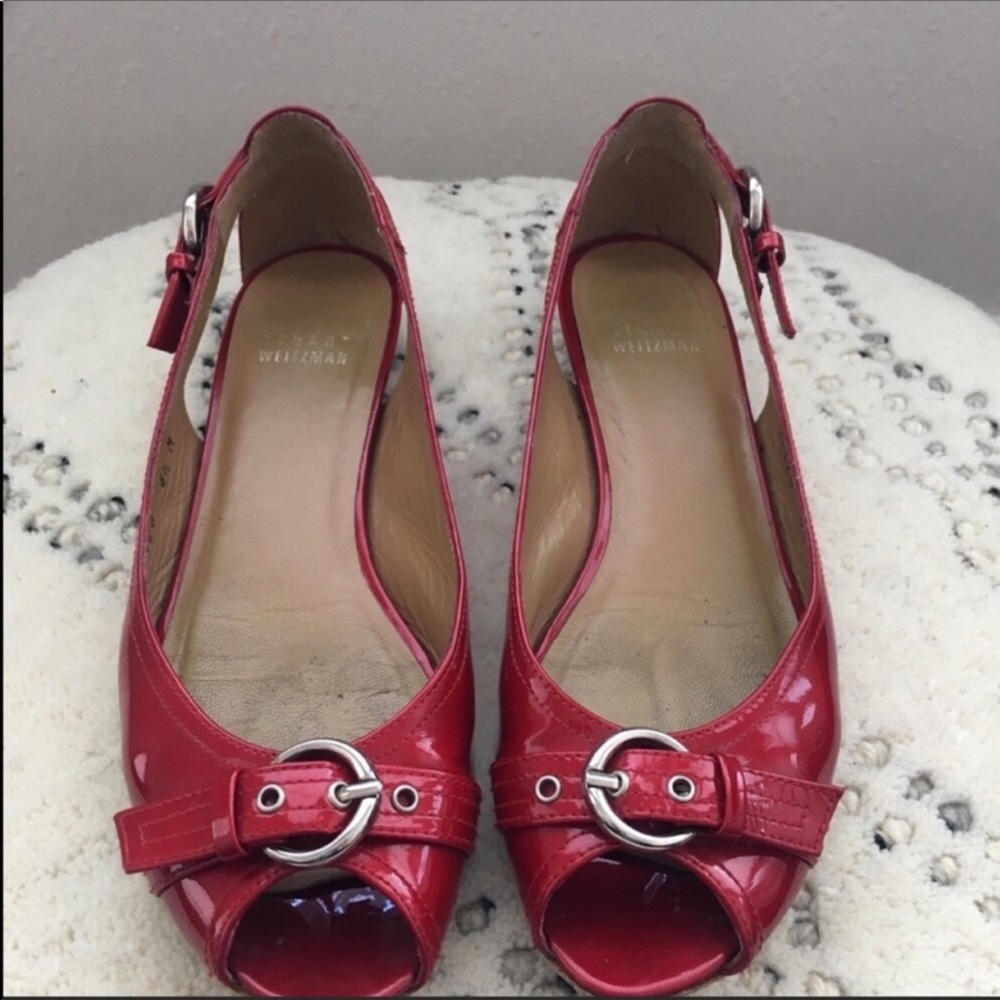 Stuart Weizman Red Patent Leather Peep Toe Flats - image 1